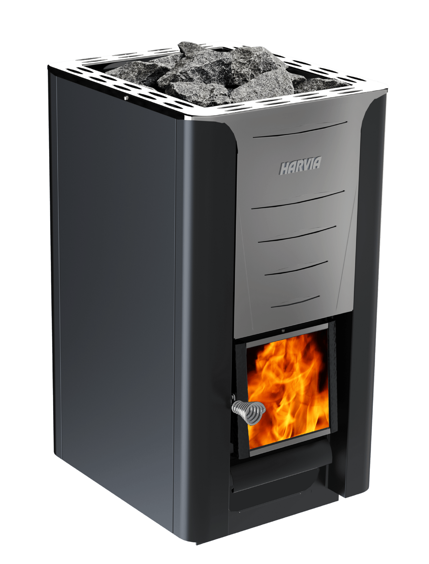 Aquecedor a lenha Harvia Pro 26 com chamas visíveis.