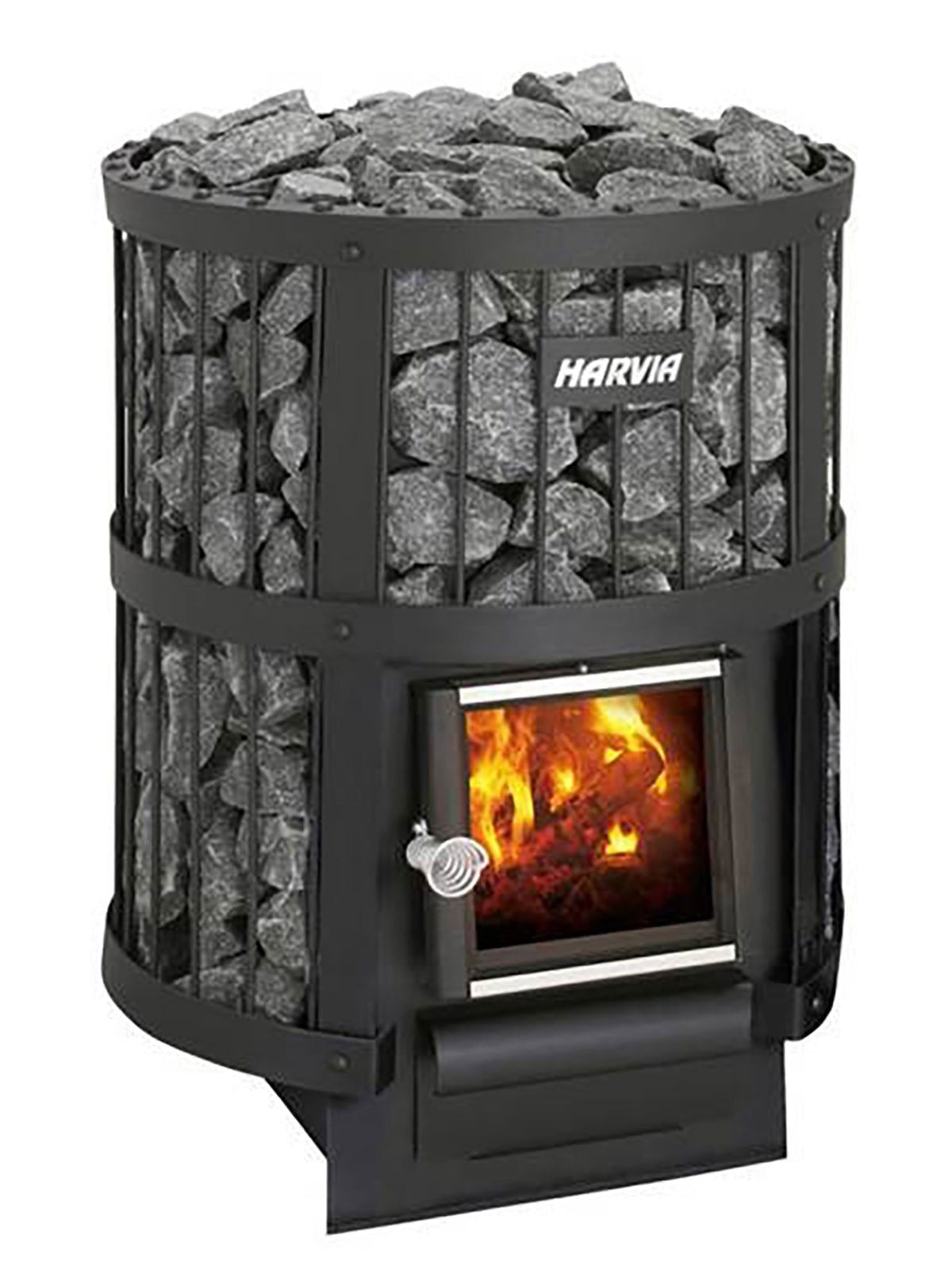 Aquecedor Harvia Legend 150 com pedras e chamas visíveis.