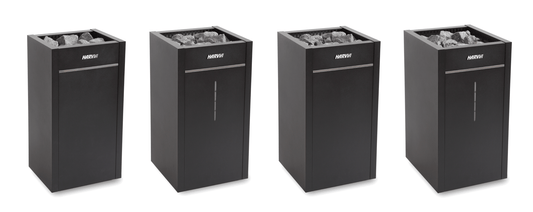 Harvia Virta Pro Combi Aquecedor Elétrico com pedras em caixa preta.