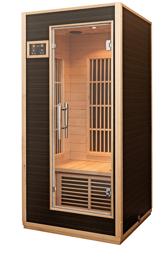 Sauna de Infravermelhos Radiant com porta de vidro e display digital.