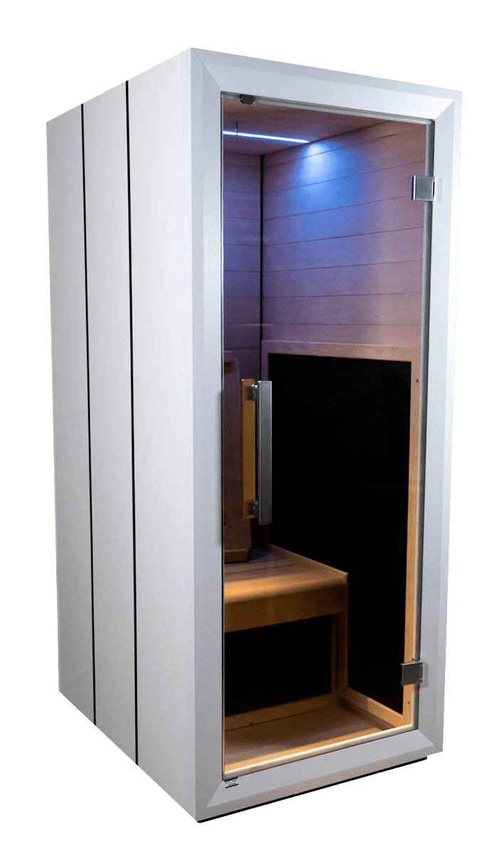 Sauna de Infravermelhos Spectrum com design moderno e interior em madeira.