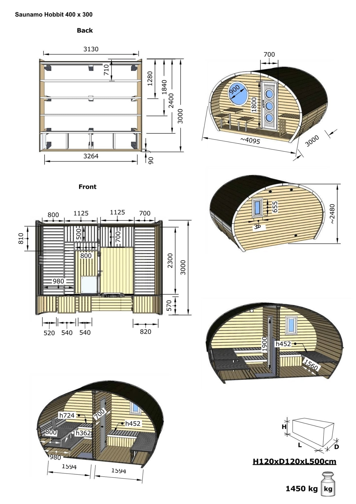 Sauna Exterior Hobbit 300, diagrama e dimensões detalhadas.