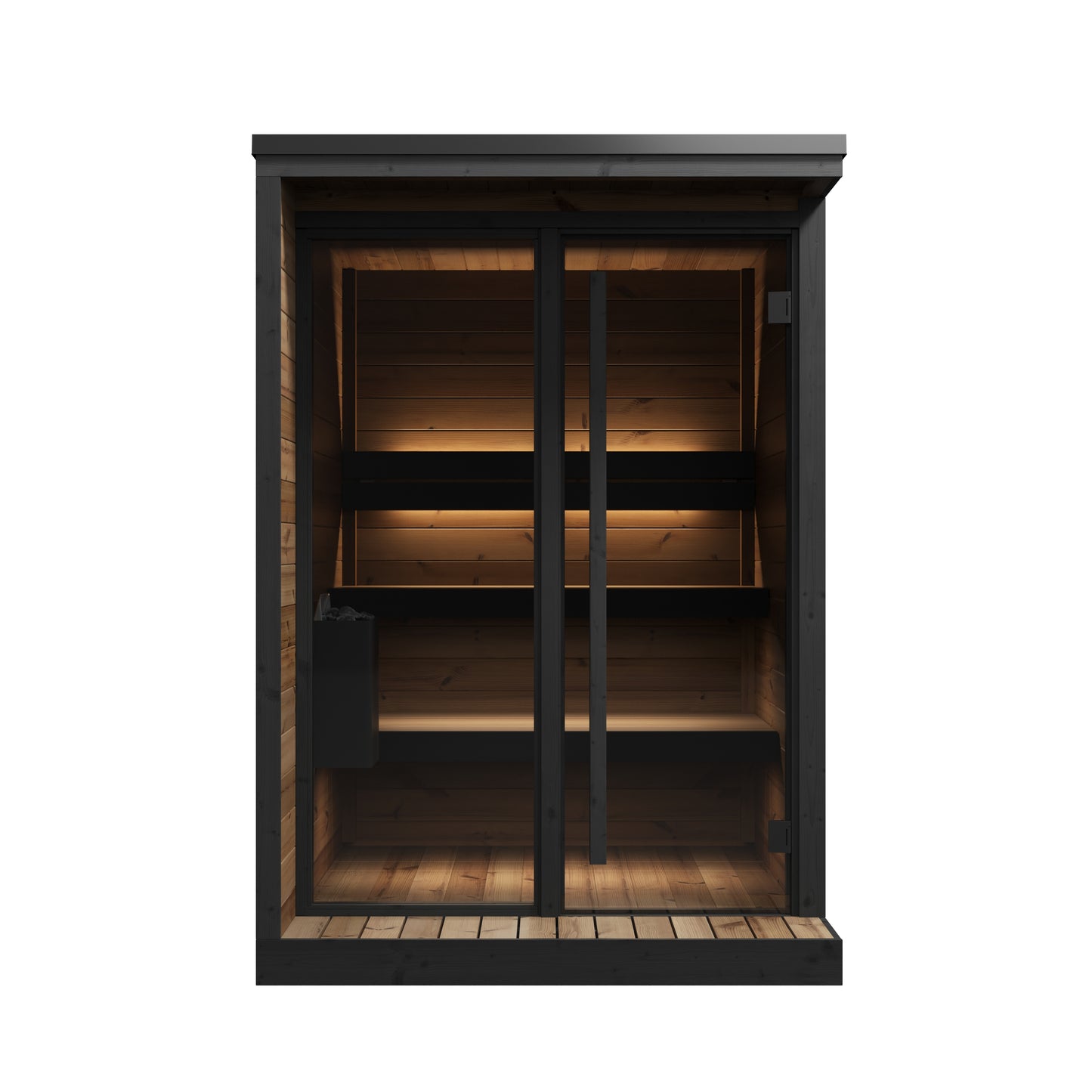 Sauna Exterior Hiki S com prateleiras iluminadas.