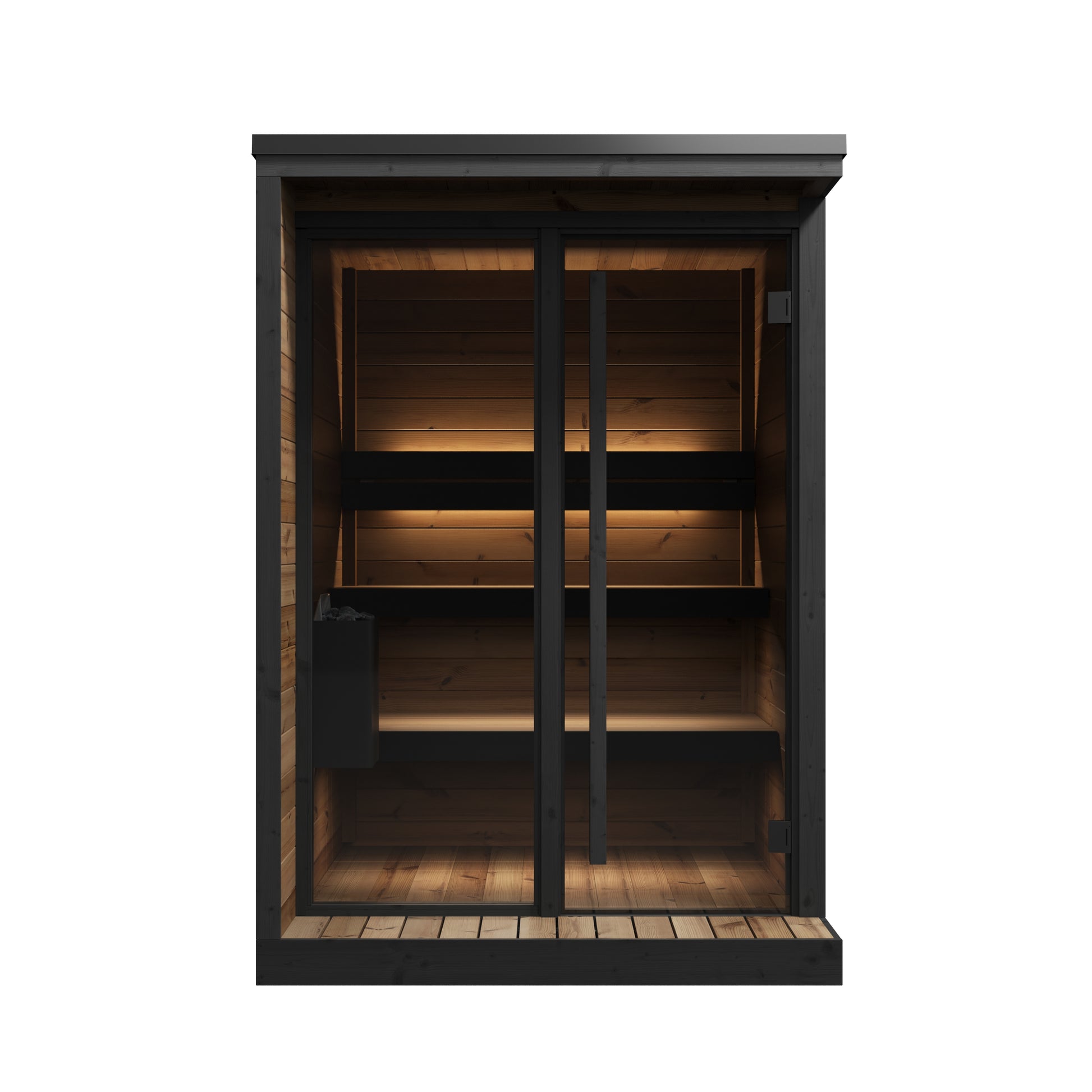 Sauna Exterior Hiki S com prateleiras iluminadas.