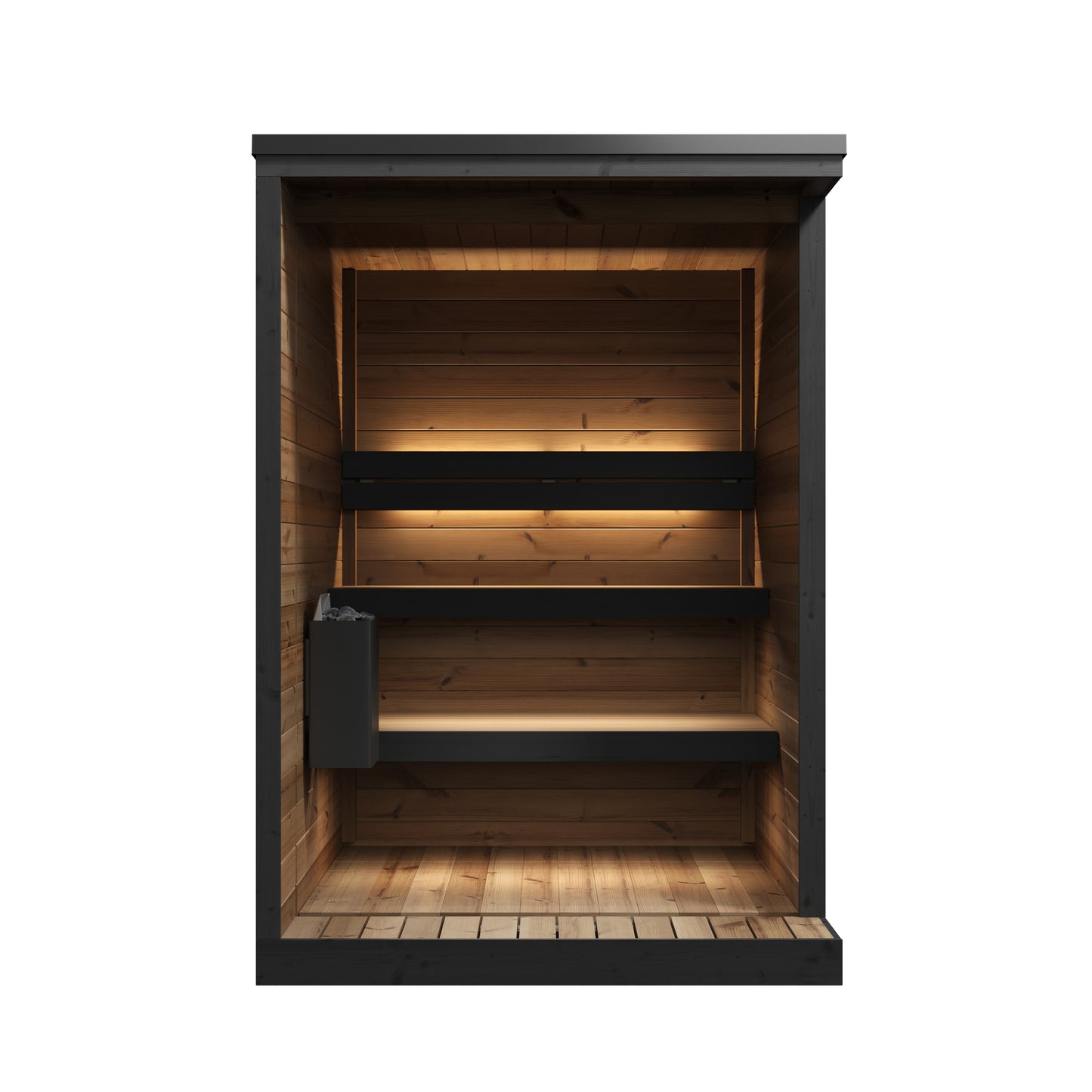 Sauna Exterior Hiki S em prateleira iluminada.