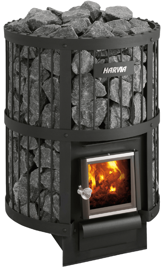 Aquecedor a lenha - Harvia Legend 240 com pedras e chamas visíveis.