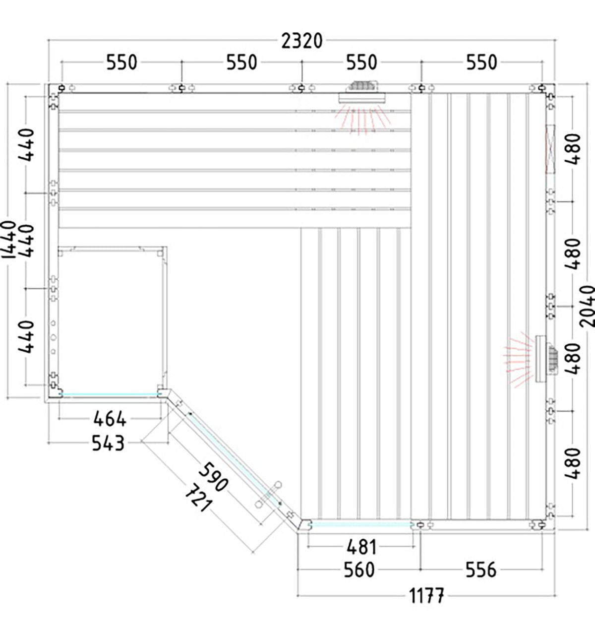 Arktis Sauna de Infravermelhos em desenho técnico.