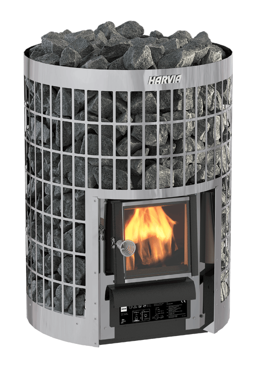 Harvia Cilindro Aço Aquecedor a Lenha com pedras e fogo.