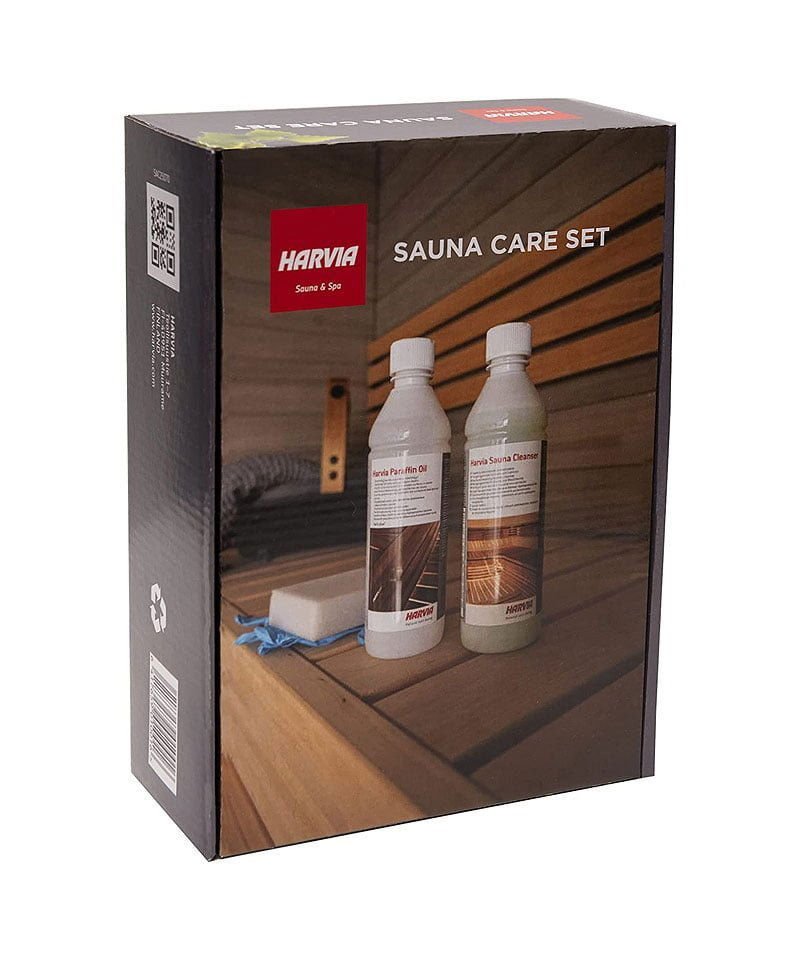 Conjunto de Manutenção Harvia com produtos para cuidar da sauna.