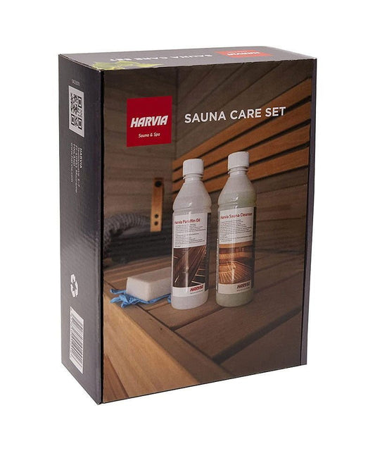 Conjunto de Manutenção Harvia com produtos para cuidar da sauna.
