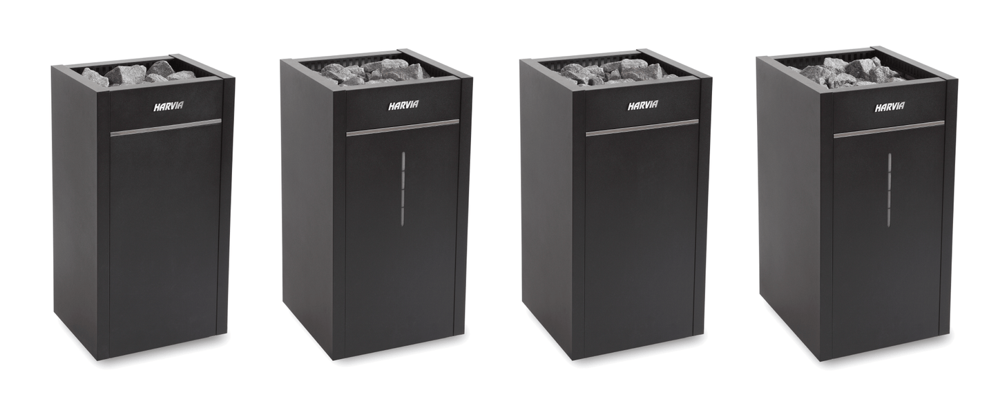 Harvia Virta Pro Combi Aquecedor Elétrico com pedras em caixa preta.