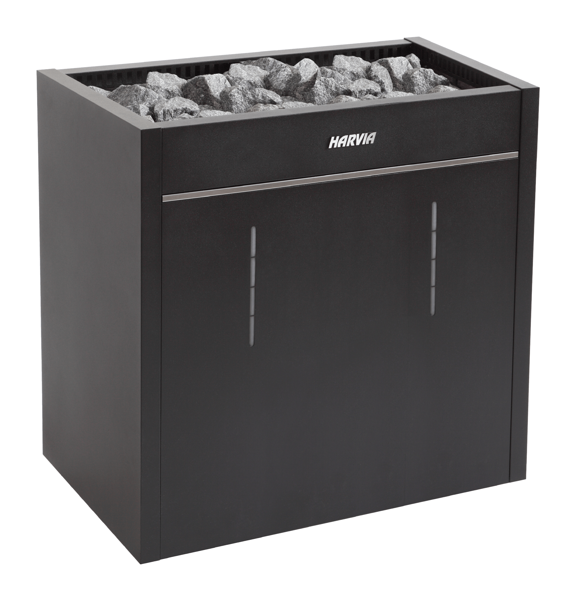 Aquecedor Harvia Virta Pro com pedras visíveis.
