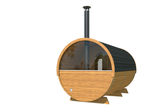 Meia parede traseira em vidro em sauna barril.