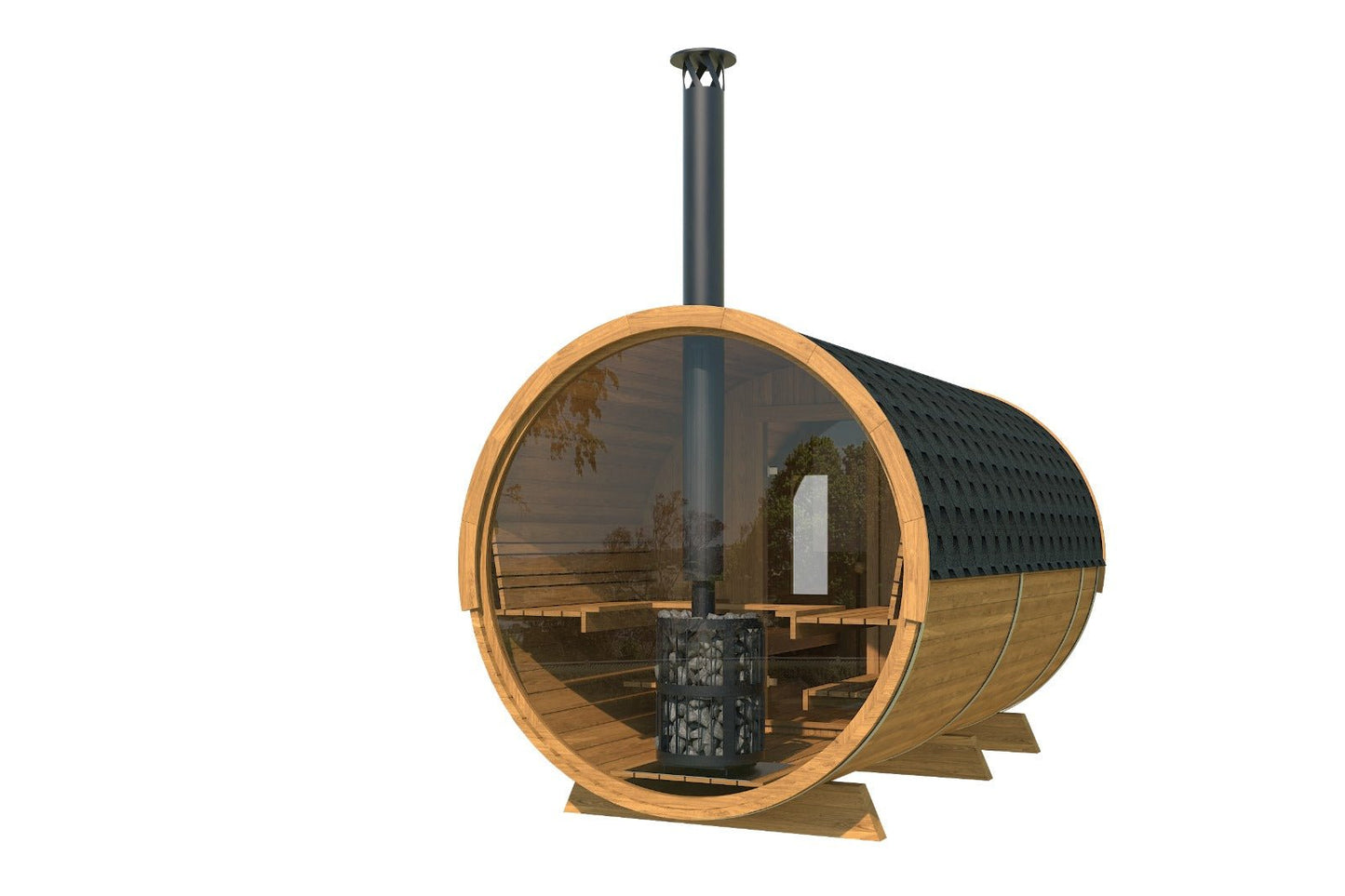 Barril de madeira com chaminé, Parede traseira toda em vidro.