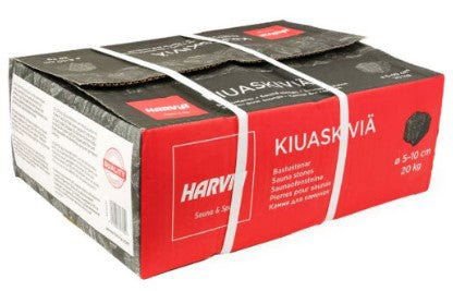 Pedras da Sauna para Aquecedor (Harvia) em caixa com rótulo branco.