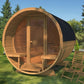 Sauna Barrel 280 Deluxe com porta de vidro e terraço.