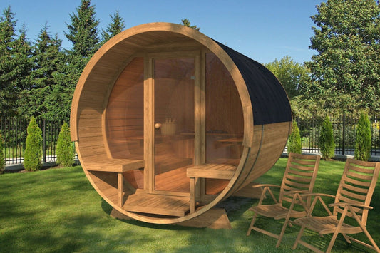 Sauna Barrel 280 Deluxe com porta de vidro e terraço.