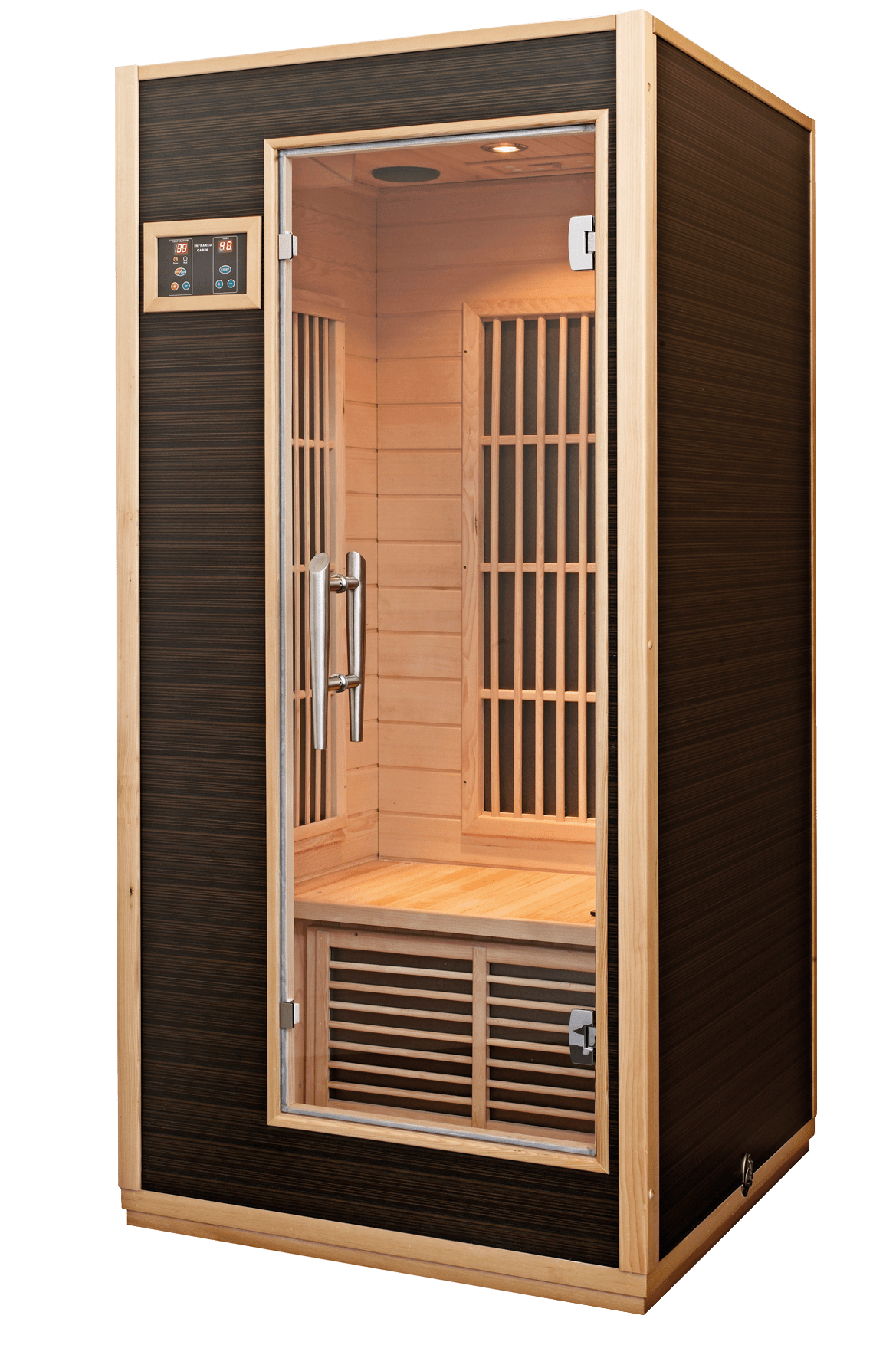 Sauna de Infravermelhos Radiant com porta de vidro e display digital.