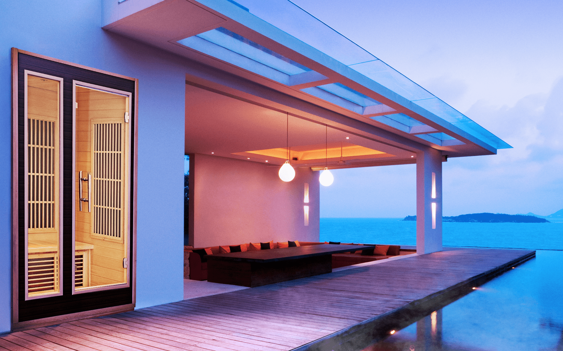 Sauna de Infravermelhos Radiant em ambiente moderno com piscina.