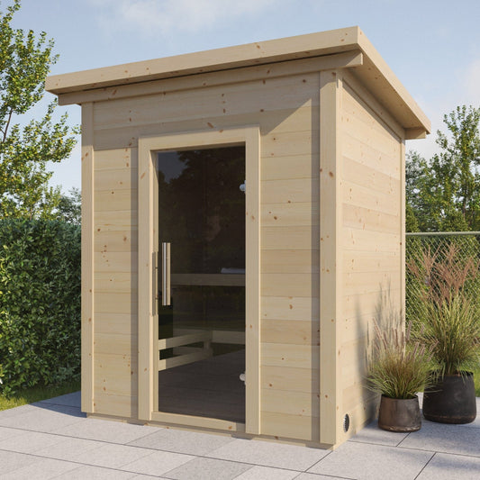 Sauna Exterior Box com porta de vidro e design nórdico.