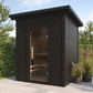 Sauna Exterior Box com porta de vidro e design moderno.