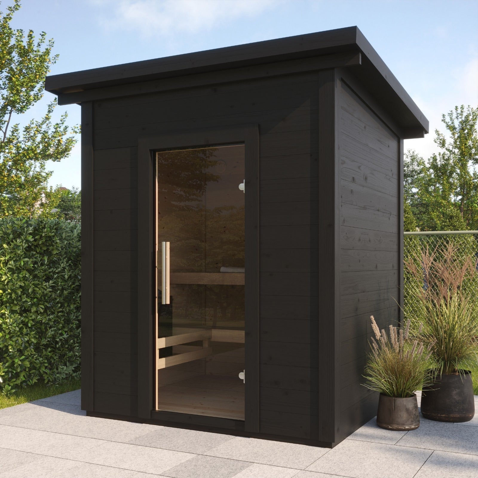Sauna Exterior Box com porta de vidro e design moderno.
