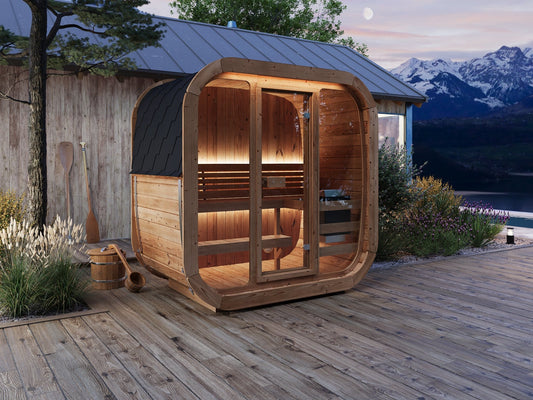 Sauna Exterior Cube 125 em deck de madeira.