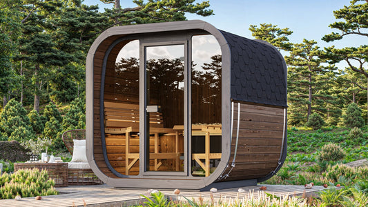 Sauna Exterior Cube 220 com porta de vidro e estrutura de madeira.