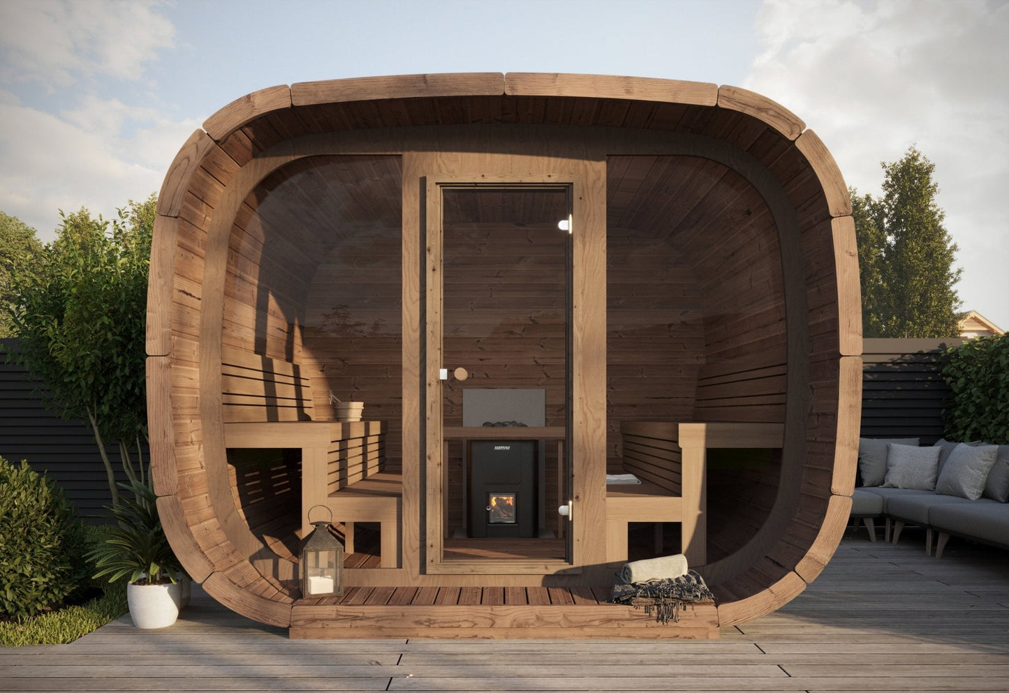 Sauna Exterior Cubus com lareira e espaço para 8 pessoas.