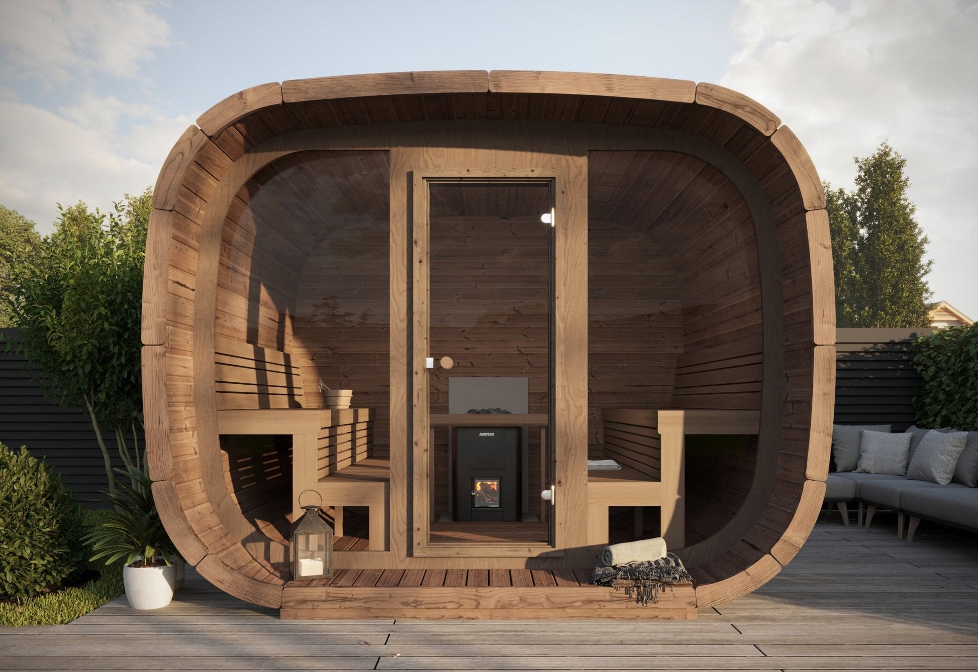 Sauna Exterior Cubus com lareira e espaço para 8 pessoas.