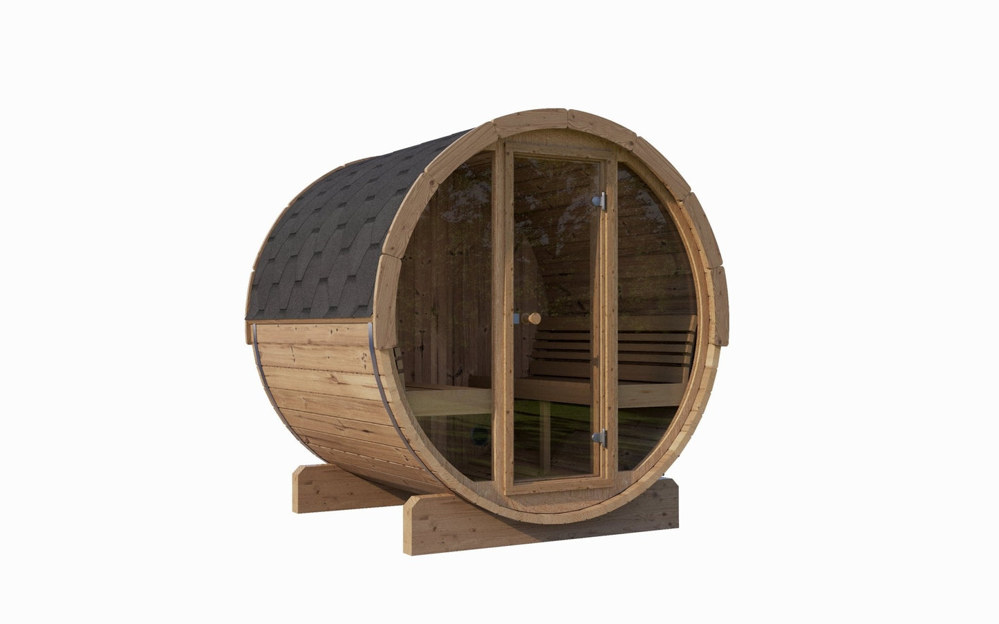 Sauna Exterior Ergo em formato de barril com porta de vidro.
