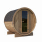 Sauna Exterior Ergo em formato de barril com porta.
