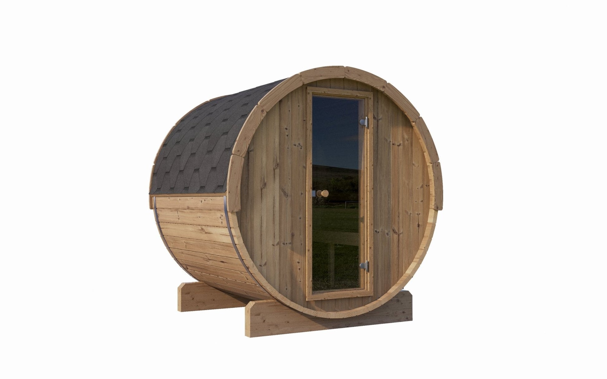 Sauna Exterior Ergo em formato de barril com porta.