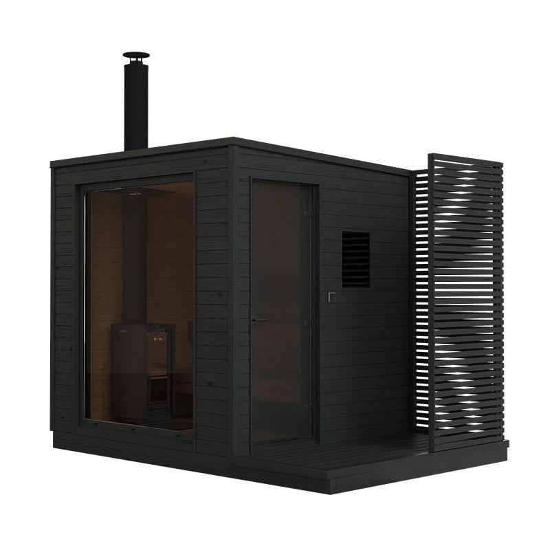 KUUT Sauna a Lenha M com design moderno e porta de vidro.