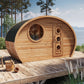 Sauna Exterior Hobbit 195 com design curvilíneo e janela circular.