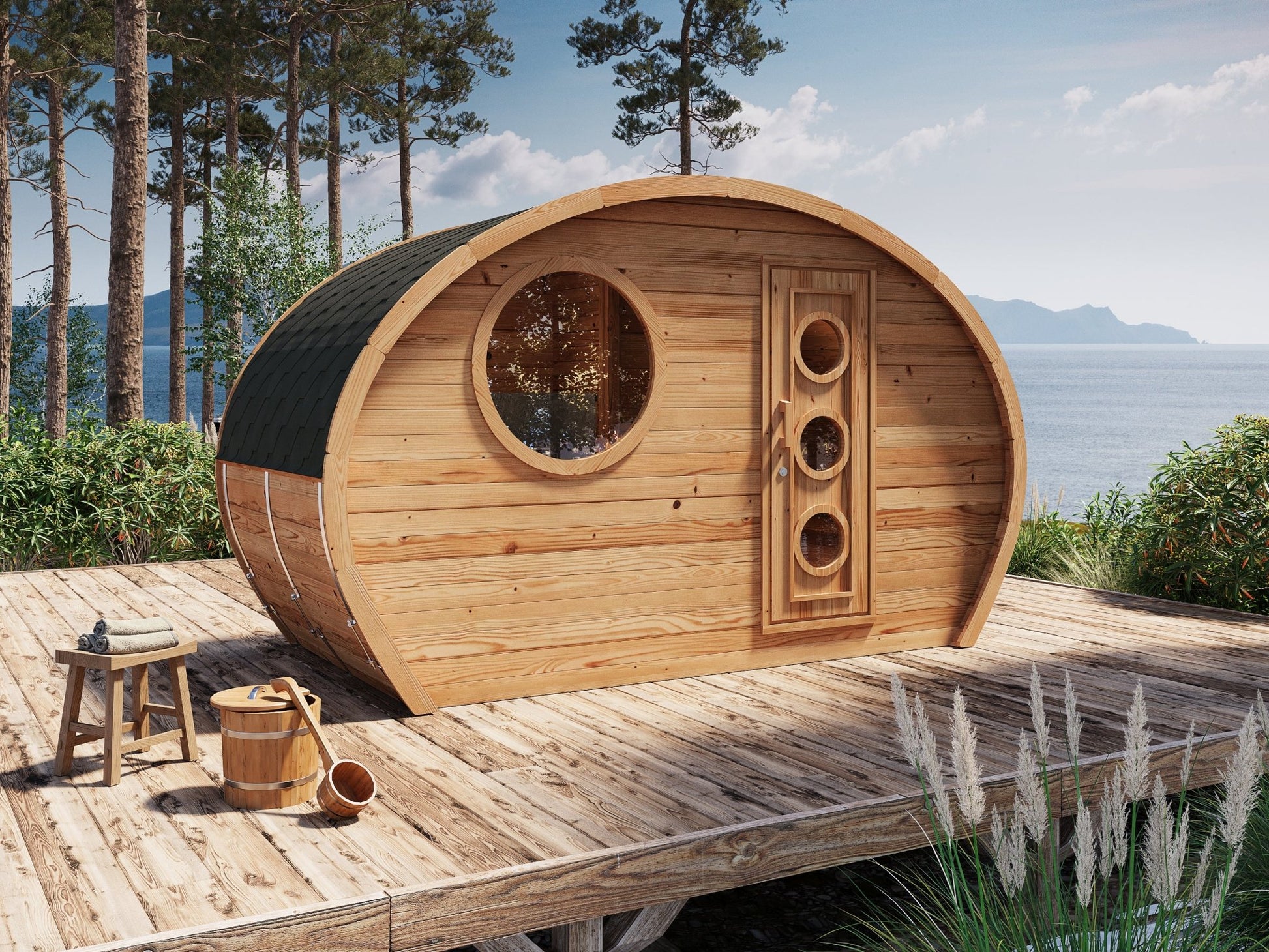 Sauna Exterior Hobbit 195 com design curvilíneo e janela circular.