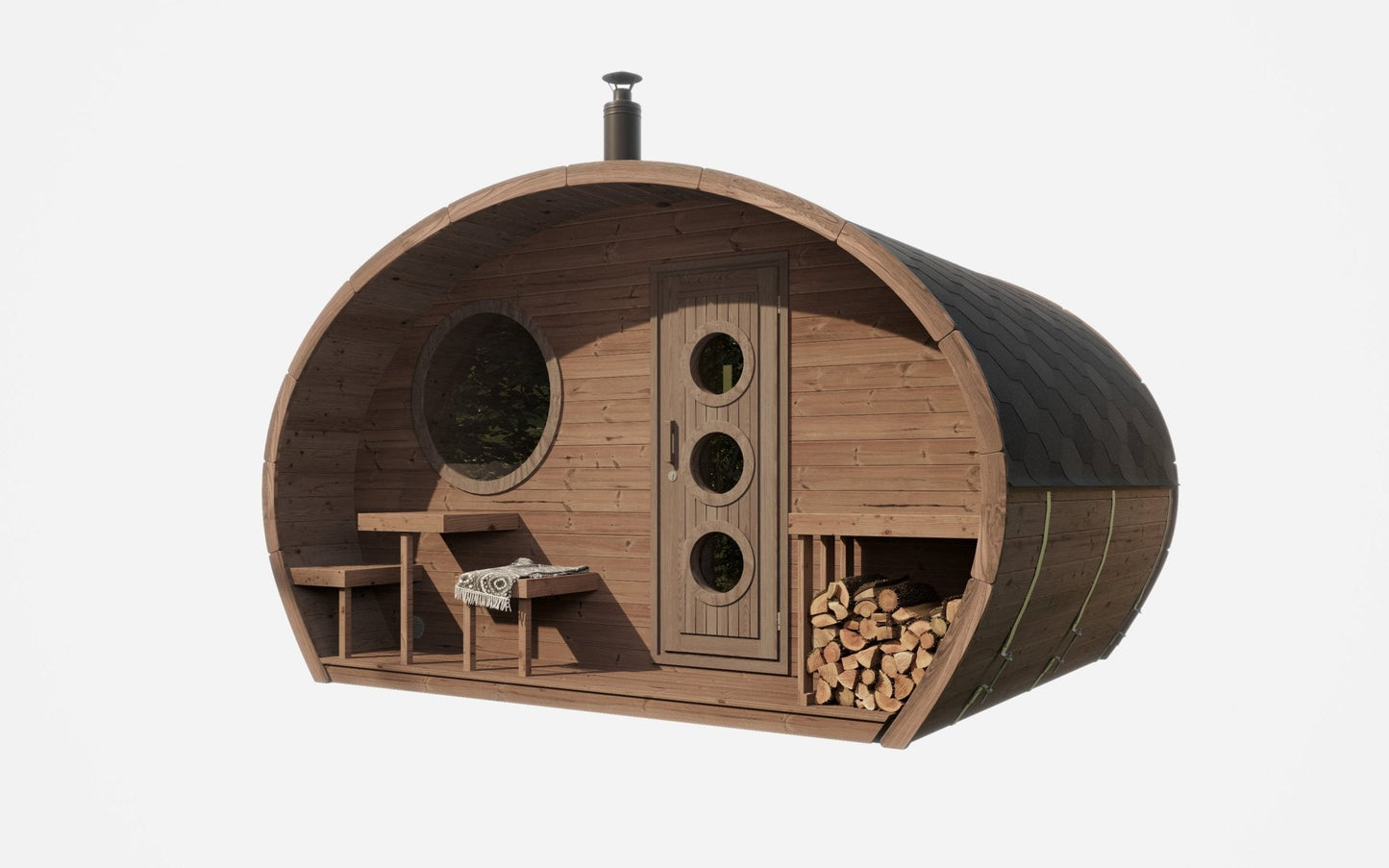 Sauna Exterior Hobbit 300 com porta redonda e lareira.