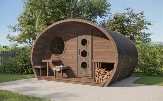 Sauna Exterior Hobbit 300 com design rústico e funcional.