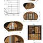 Sauna Exterior Hobbit 500 com diagrama e planta baixa.