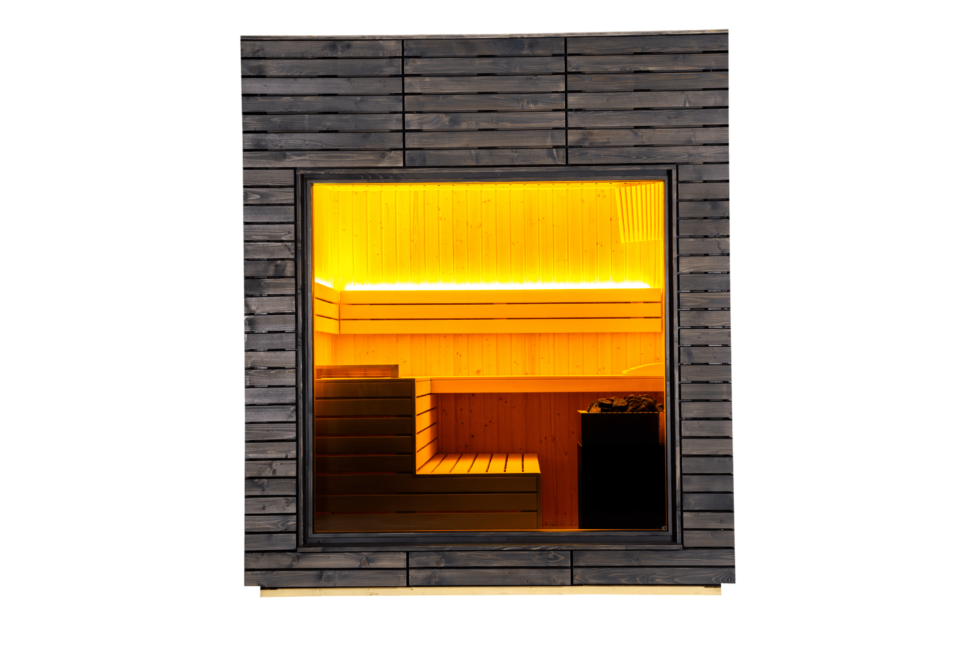 Sauna Exterior Isolada Alpina com janela iluminada.