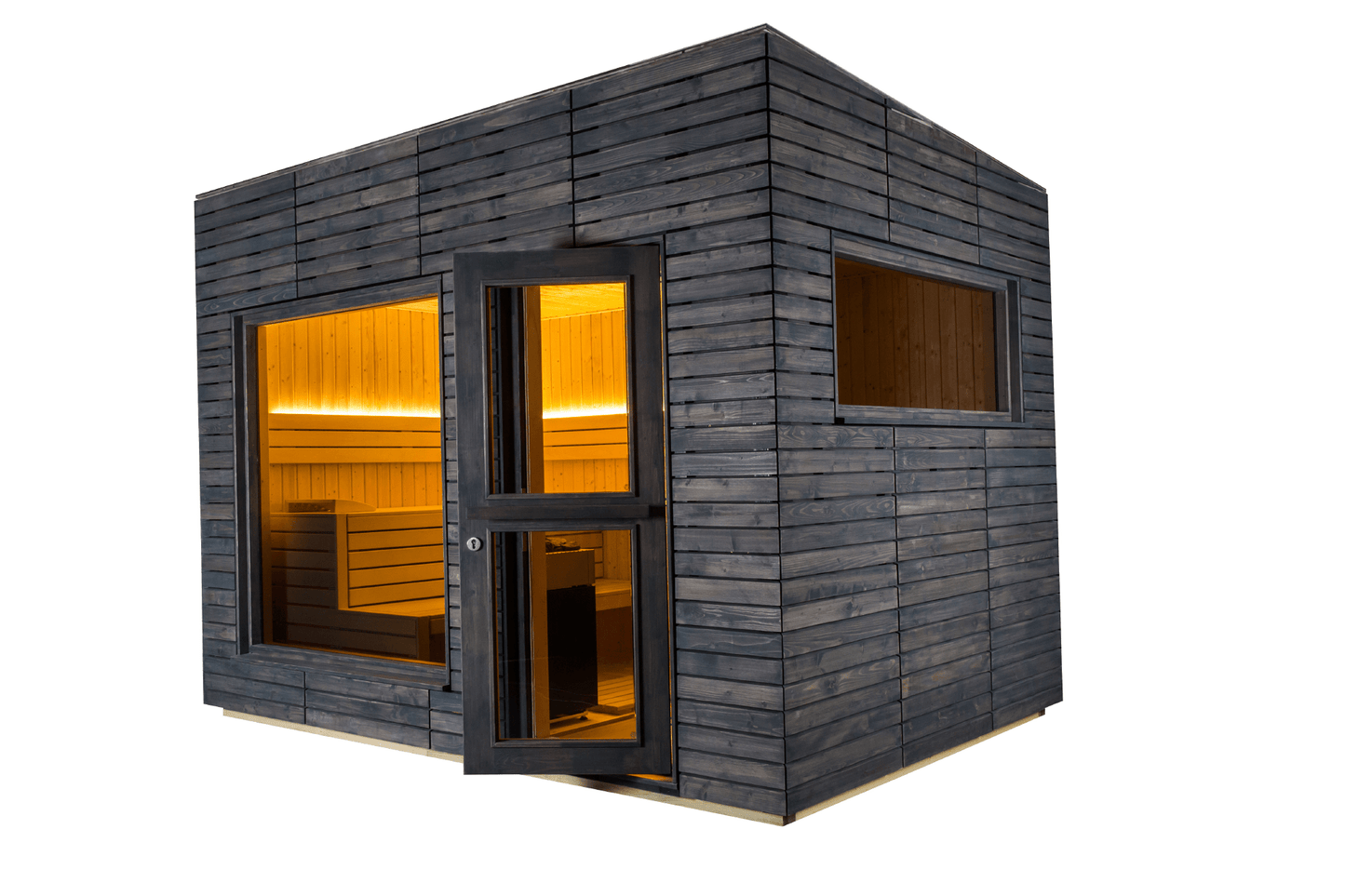 Sauna Exterior Isolada Alpina Grande com porta de vidro.