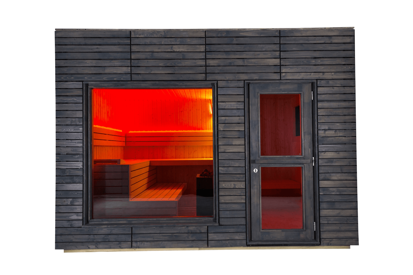 Sauna Exterior Isolada Alpina Grande com janela e porta de madeira.