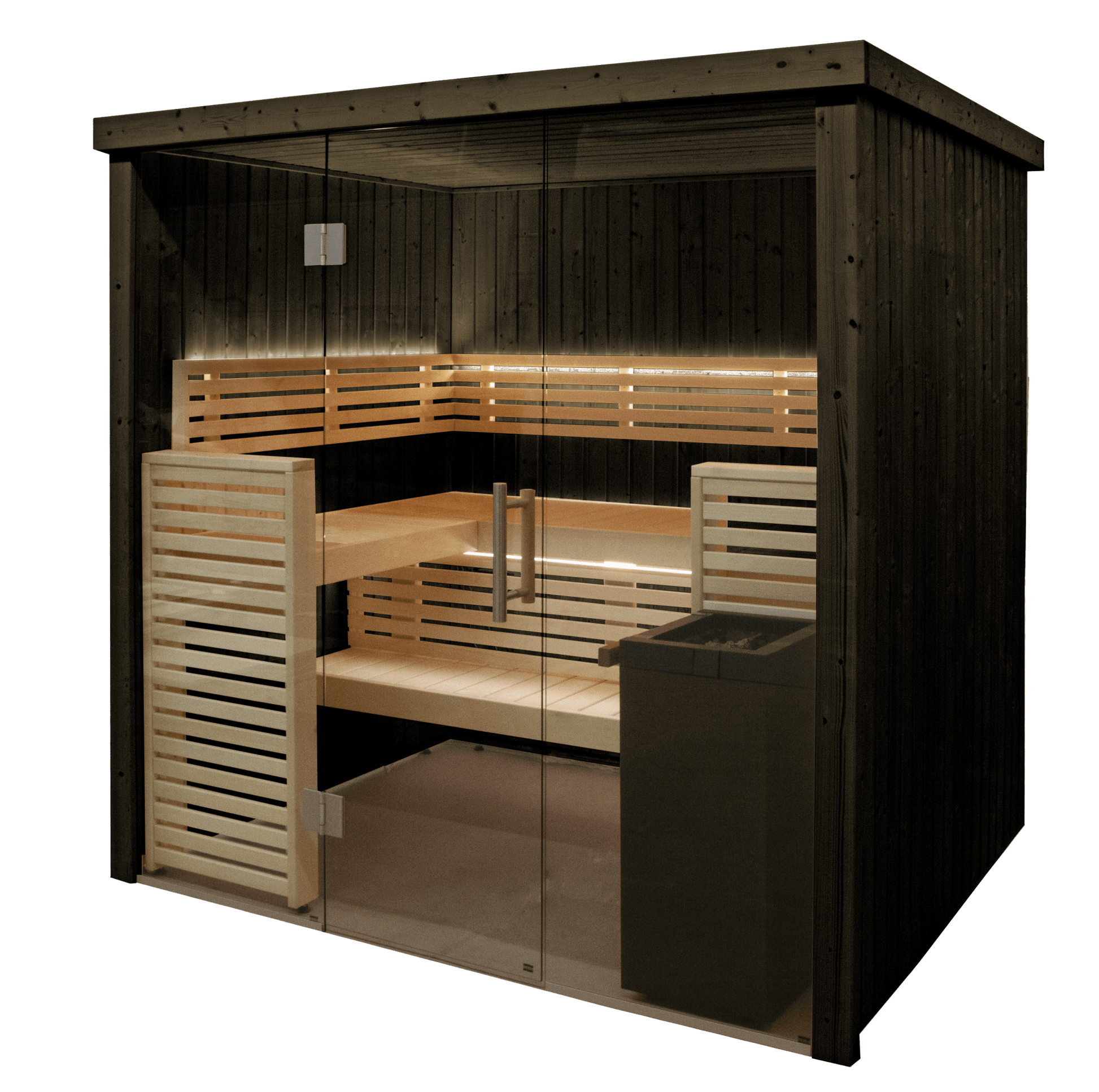 Sauna Fenix com portas de vidro e design moderno.