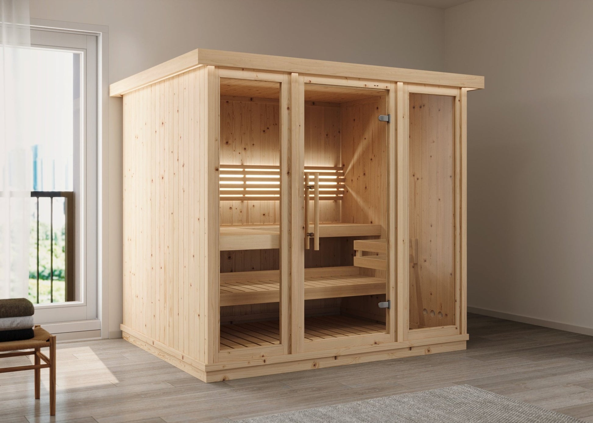 Sauna Interior Grande de madeira com portas de vidro.