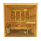 Sauna Interior Himalaya com porta de vidro e banco.