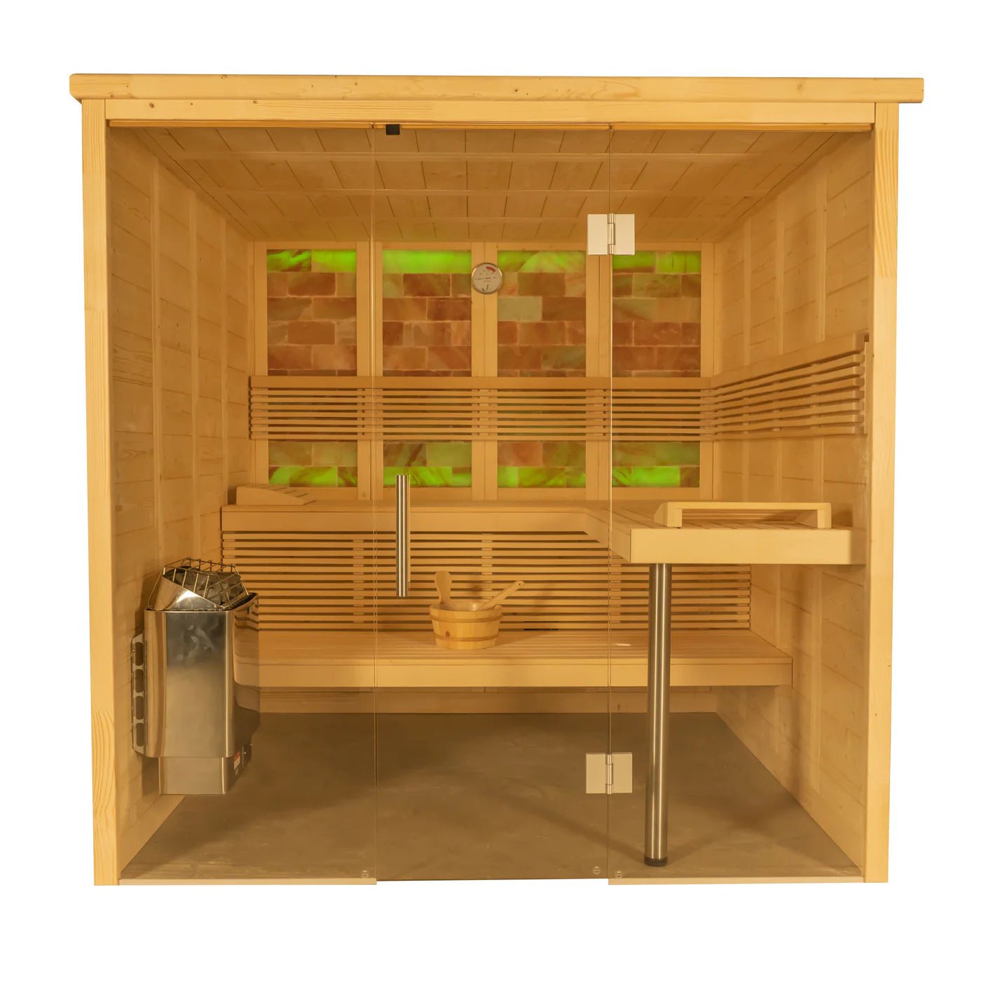Sauna Interior Himalaya com porta de vidro e banco.