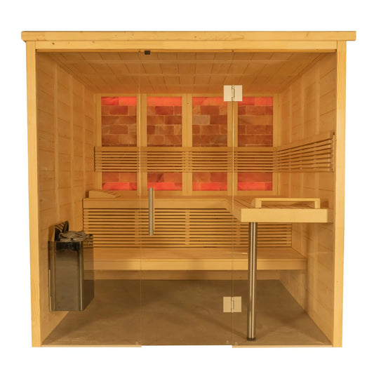 Interior da Sauna Himalaya com portas de vidro.