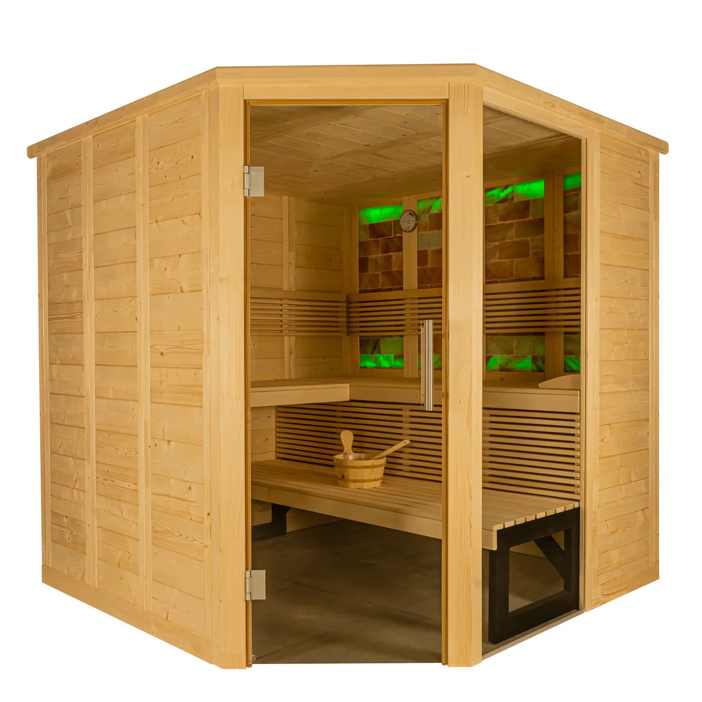 Sauna Interior Himalaya Corner com porta de vidro e balde.