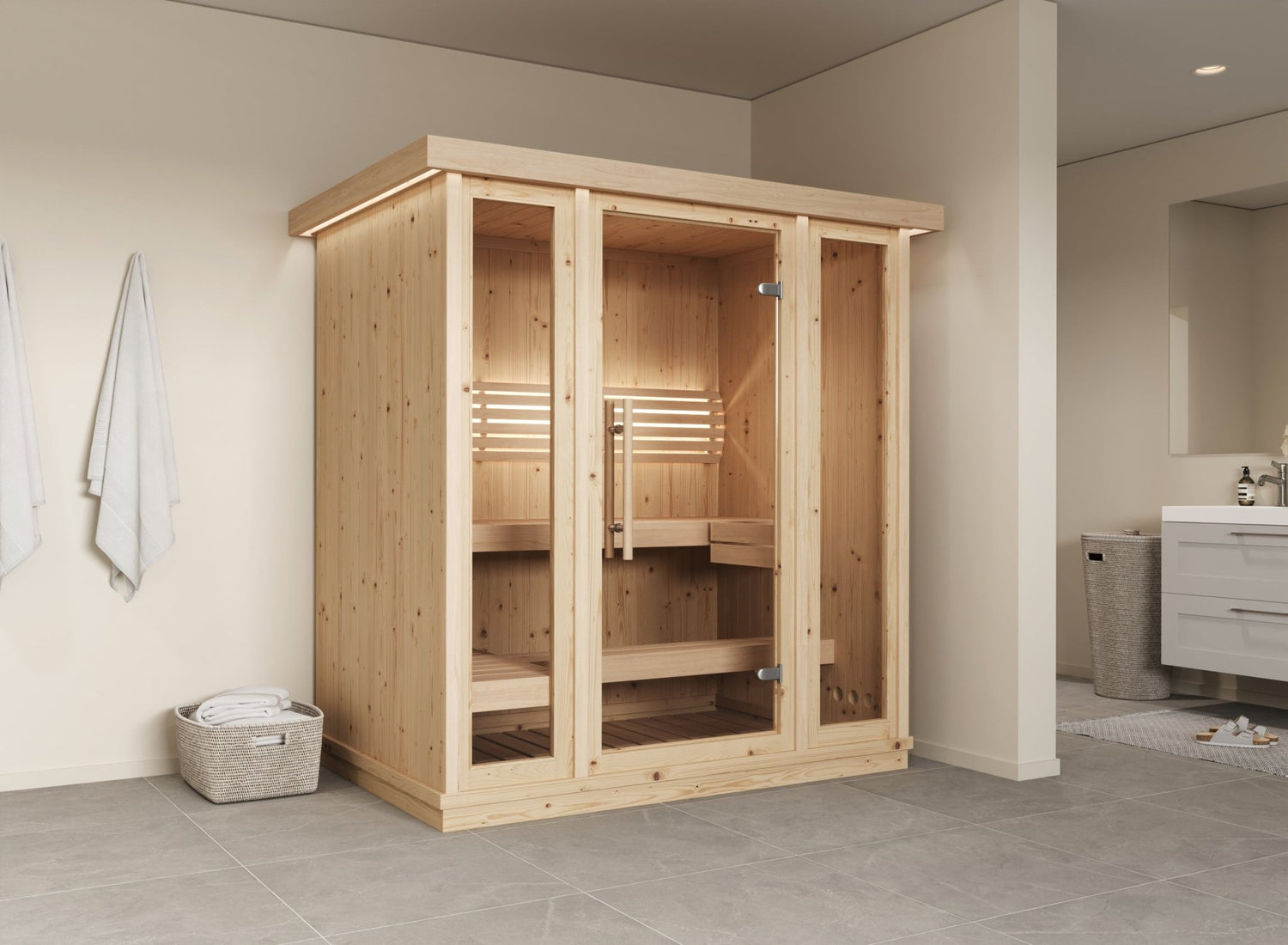Sauna Interior Mini com portas de vidro em ambiente interno.