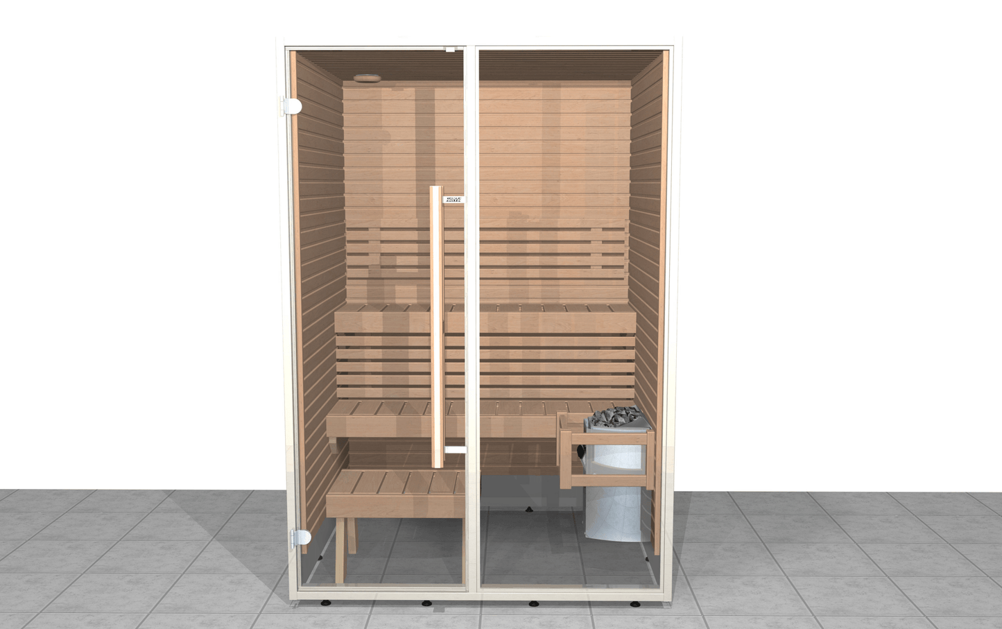 Sauna Sirius com portas de vidro e design compacto.